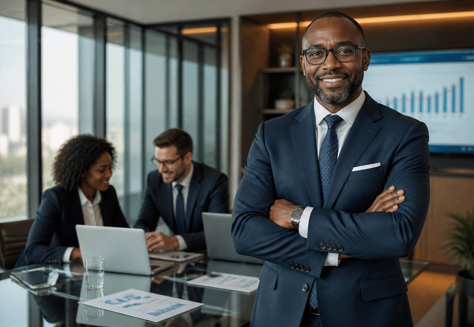 Accountant in overleg met ondernemers, financiële dashboards